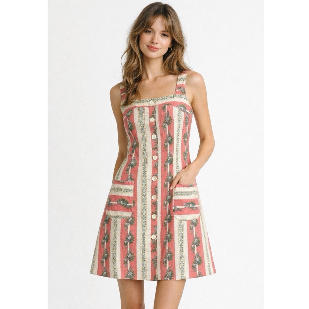 Mr. Robert Vintage Striped Pink Floral Button Front Pockets Sundress Cottagecore